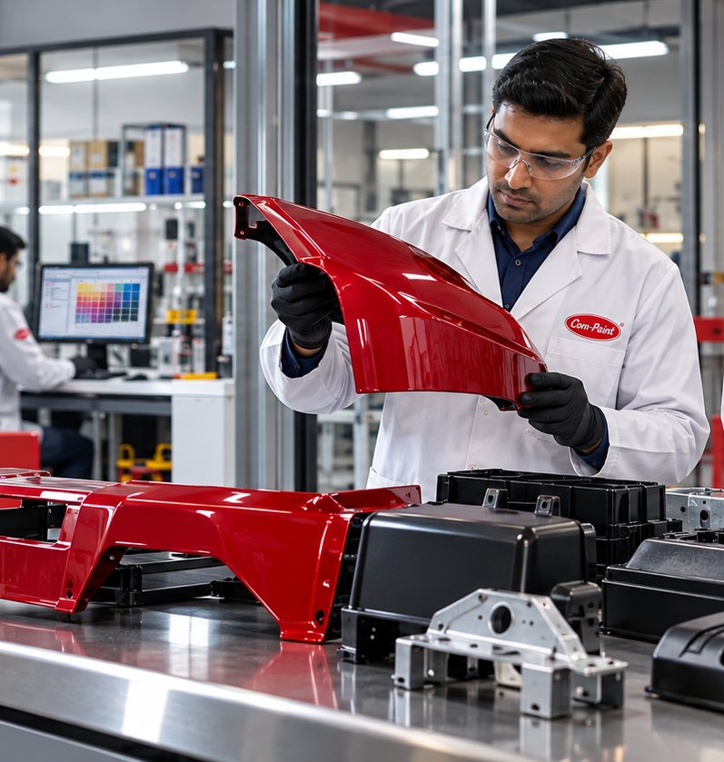 Com-Paint technician checking a colour-matched red component in the colour-matching lab