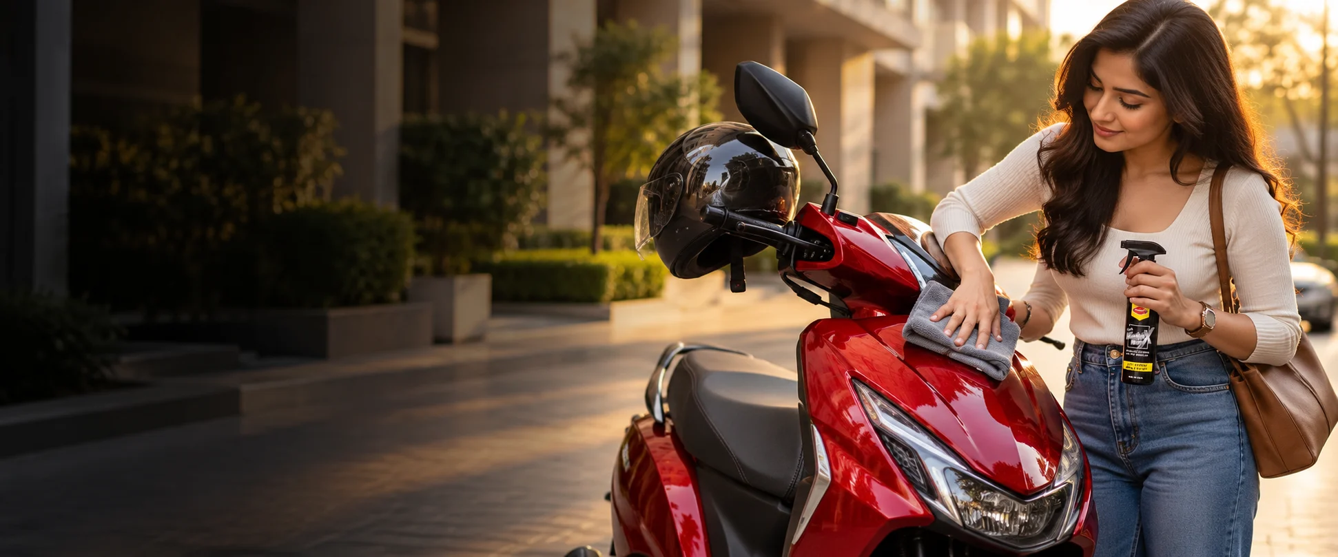 Woman giving her red scooter a quick wipe at golden hour, holding Com-Paint Wash & Wax 200 ml