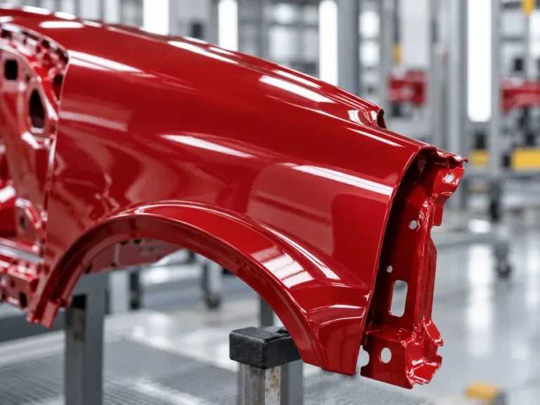 Glossy red automotive body panel with a touched-up edge
