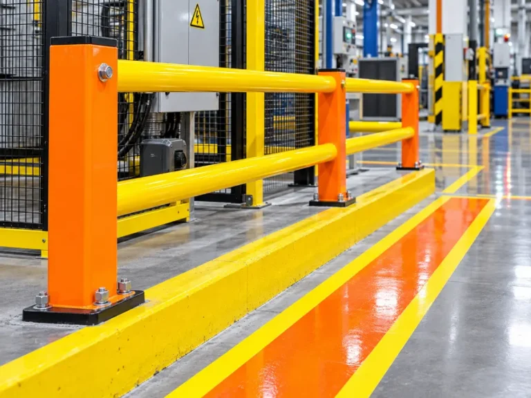 Fluorescent orange and yellow safety markings on machine guards