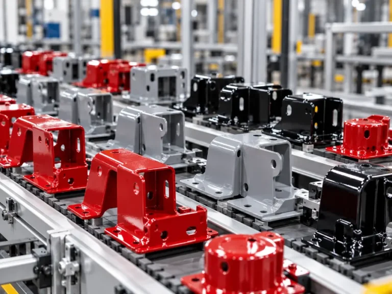 Freshly painted metal brackets on a production conveyor