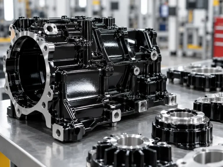 Glossy black painted engine housing and machined metal parts