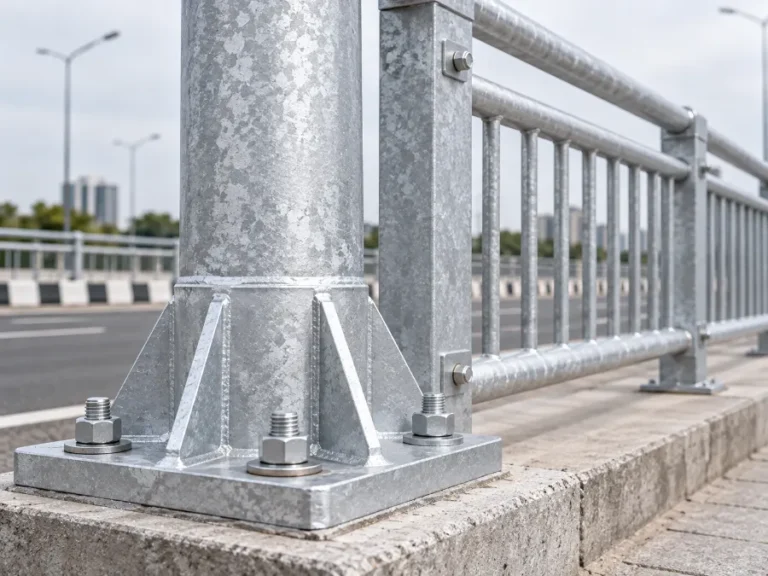 Galvanised street-light pole base and railings
