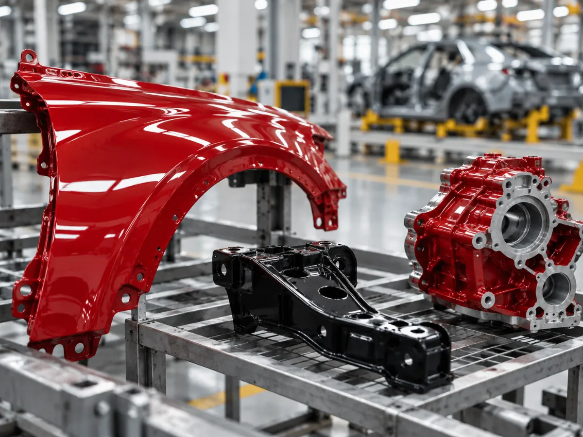 Freshly painted automotive body panel, chassis bracket and aggregate housing