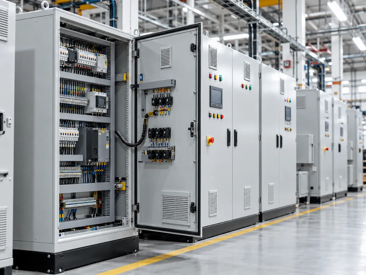 Row of grey electrical control panels and switchgear enclosures