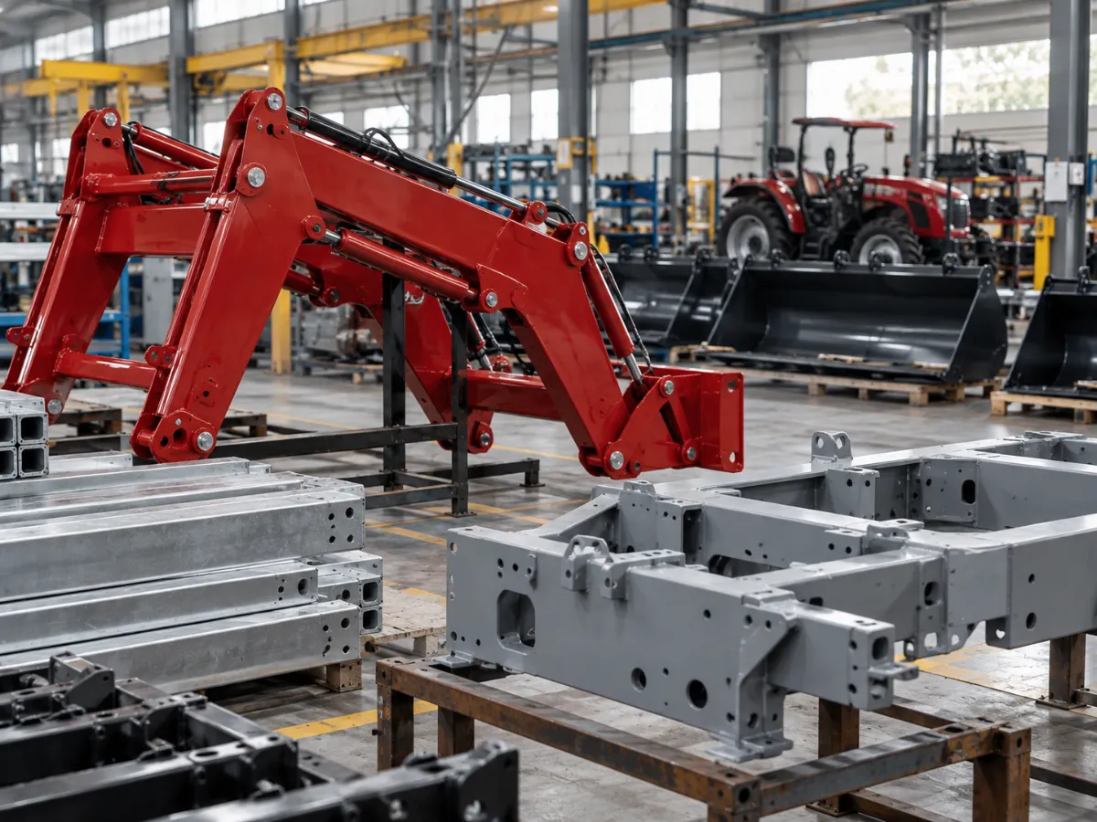 Red tractor loader arm, galvanised beams and primed chassis frame in a workshop
